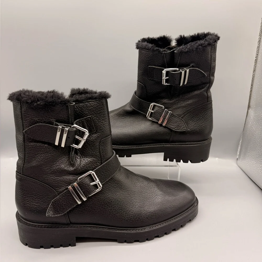 Zara Basic women's black leather ankle boots with buckle and faux fur lining